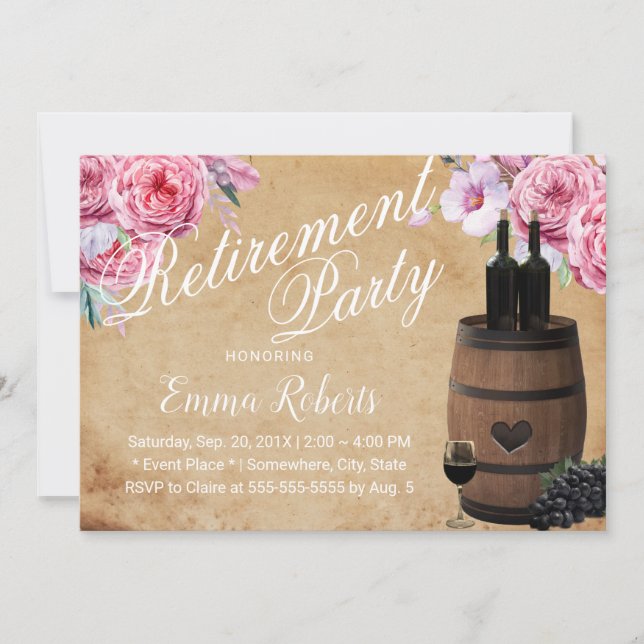 Rustic Wine Barrel Vintage Floral Retirement Invitation (Front)
