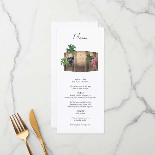 Rustic Wine Barrel Winery Vineyard Wedding Menu (Front/Back In Situ)