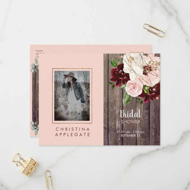 Rustic Wine & Blush Floral Photo Bridal Shower Invitation Postcard (Front/Back In Situ)