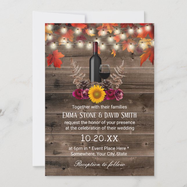 Rustic Wine Bottle Autumn Leaves Barn Fall Wedding Invitation (Front)
