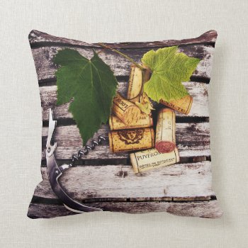 Rustic Wine Bottle Corks And Corkscrew Throw Pillow by myworldtravels at Zazzle
