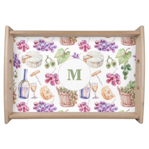 Rustic Wine Cheese Grapes Watercolor Monogram Serving Tray