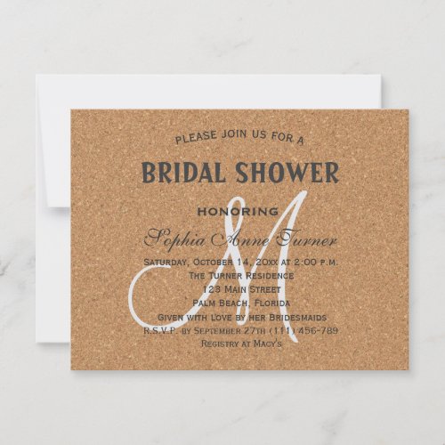 Rustic Wine Cork Wedding Monogram Bridal Shower Invitation