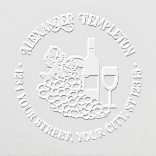 Rustic Wine, Glasses, Bunch of Grapes Name Address Embosser