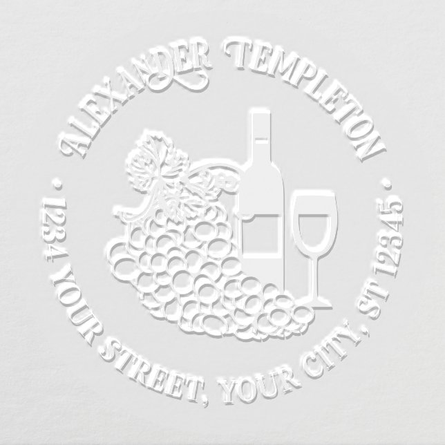 Rustic Wine, Glasses, Bunch of Grapes Name Address Embosser (Design)