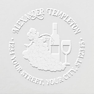 Rustic Wine, Glasses, Bunch of Grapes Name Address Embosser