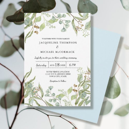 Rustic Winery Blue Eucalyptus Greenery Wedding Invitation