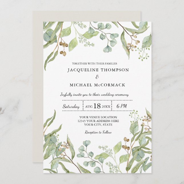 Rustic Winery Boho Eucalyptus Greenery Wedding Invitation (Front/Back)