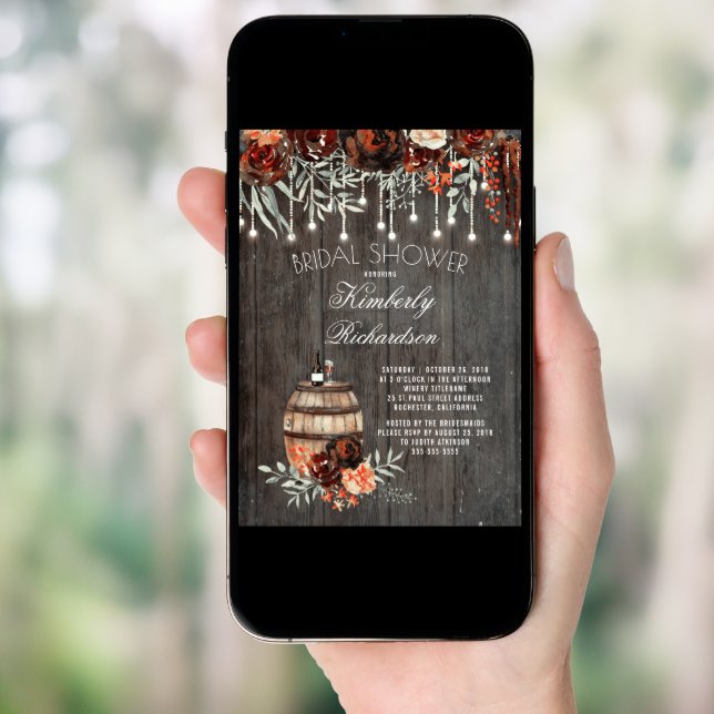 Rustic Winery Floral Lights Burgundy Bridal Shower Invitation (Front Digital)