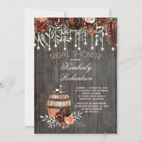 Rustic Winery Floral Lights Burgundy Bridal Shower Invitation