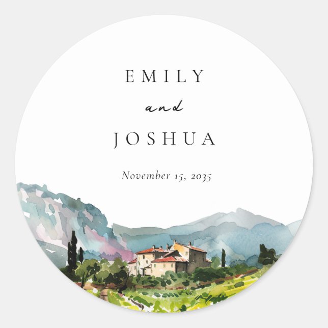 Rustic Winery Landscape Wedding Classic Round Sticker (Front)