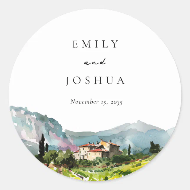 Sticker Drawings Rustic Rustic Winery Landscape Wedding Classic Round Sticker | Zazzle