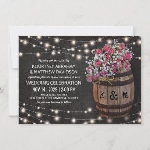 Rustic Winery Pink Floral Lights Wedding Invitation