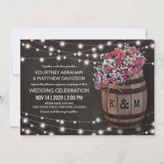 Rustic Winery Pink Floral Lights Wedding Invitation (Front)