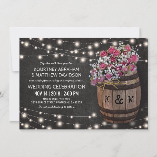 Rustic Winery Pink Floral Lights Wedding Invitation (Front)
