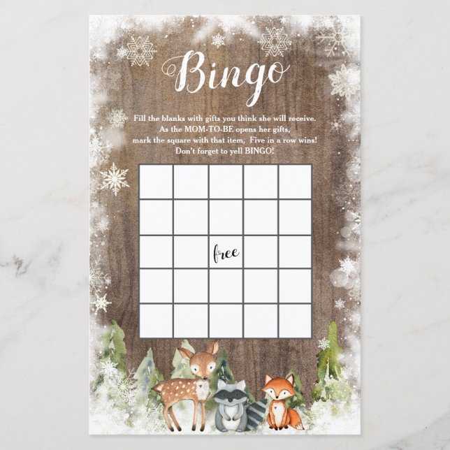 Rustic Winter Animal Woodland Baby Shower Bingo (Front)