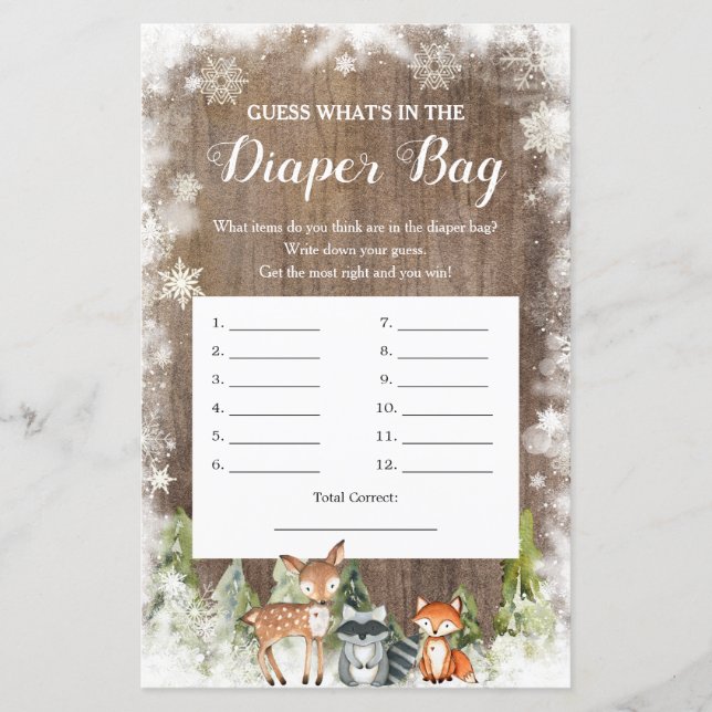 Rustic Winter Animal Woodland What's in Diaper Bag (Front)