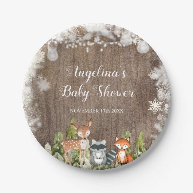 Rustic Winter Animals Woodland Birthday Paper Plates (Front)