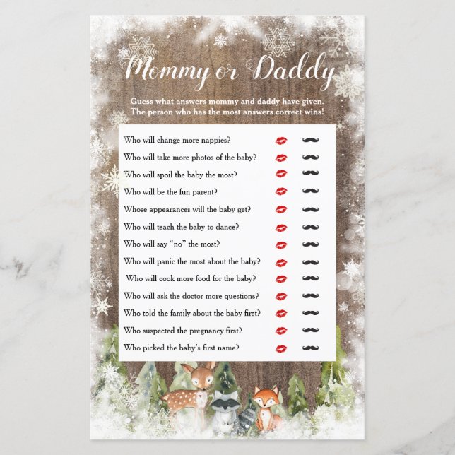 Rustic Winter Animals Woodland Mommy or Daddy Game (Front)