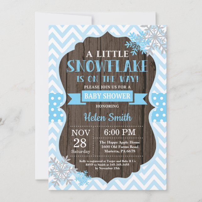 Rustic Winter Baby Shower Blue Snowflake Invitation (Front)