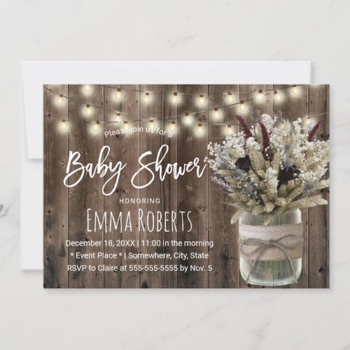 Rustic Winter Baby Shower Floral Jar String Lights Invitation