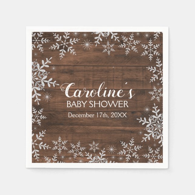 Rustic Winter Baby Shower Glitter Snowflakes Napkins (Front)