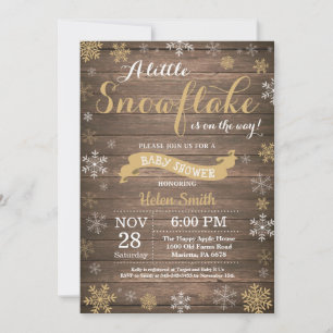 Rustic Winter Baby Shower Gold White Snowflake Invitation