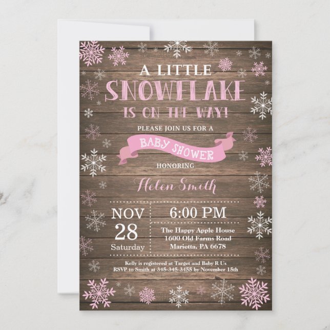 Rustic Winter Baby Shower Pink Snowflake Invitation (Front)
