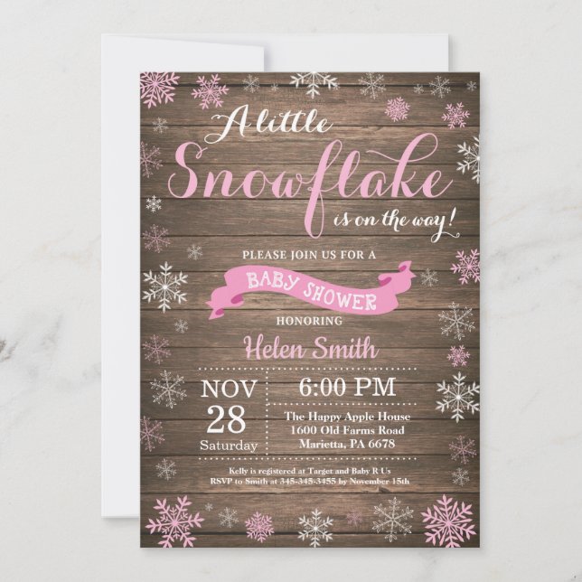 Rustic Winter Baby Shower Pink White Snowflake Invitation (Front)