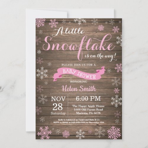 Rustic Winter Baby Shower Pink White Snowflake Invitation