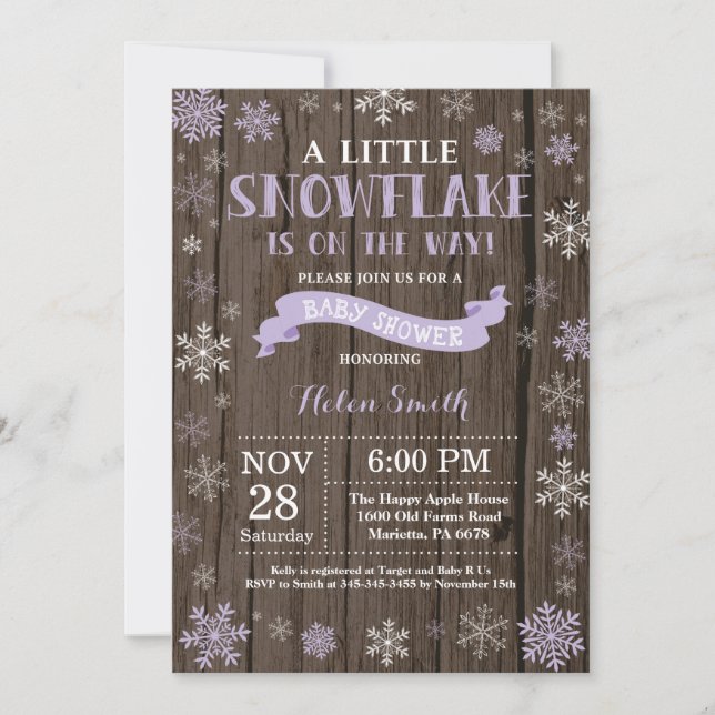 Rustic Winter Baby Shower Purple Snowflake Invitation (Front)