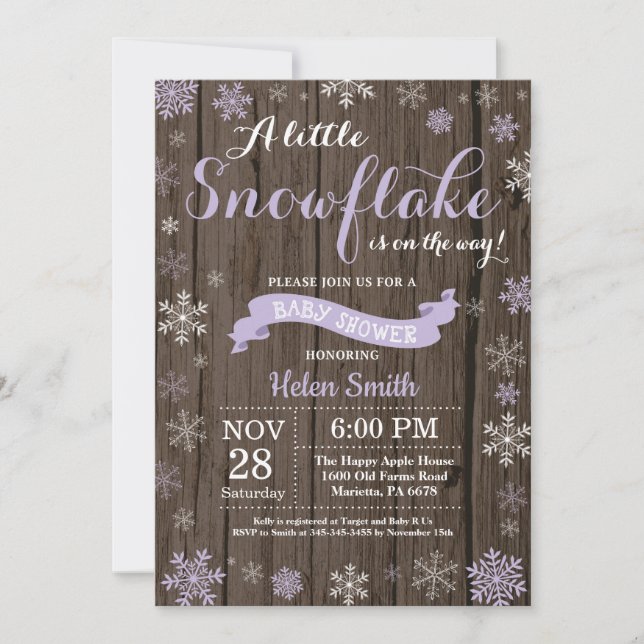 Rustic Winter Baby Shower Purple White Snowflake Invitation (Front)