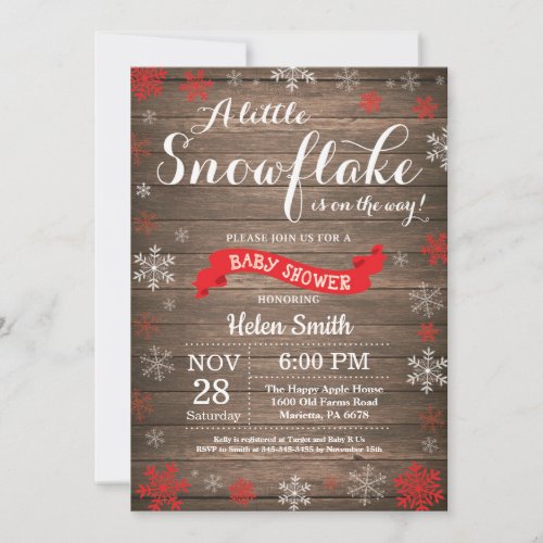 Rustic Winter Baby Shower Red White Snowflake Invitation