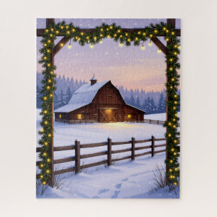 Rustic Winter Barn at Sunset Jigsaw Puzzle