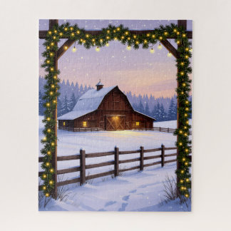 Rustic Winter Barn at Sunset Jigsaw Puzzle