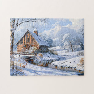 Rustic Winter Barn by Frozen Stream Jigsaw Puzzle
