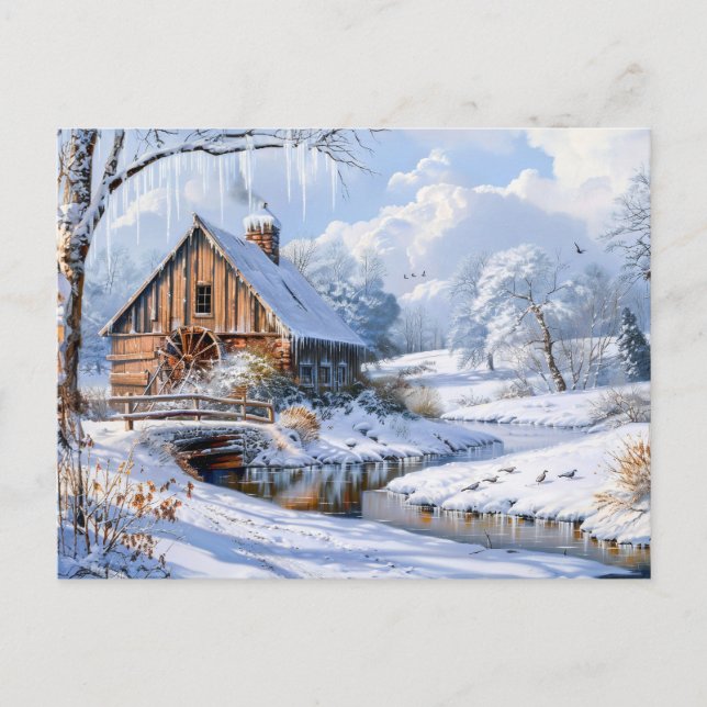 Rustic Winter Barn by Frozen Stream Postcard (Front)