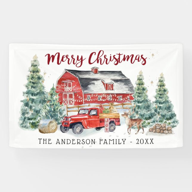 Rustic Winter Barn Vintage Red Farmhouse Truck Banner (Horizontal)