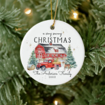 Rustic Winter Barn Vintage Red Farmhouse Truck Ceramic Ornament