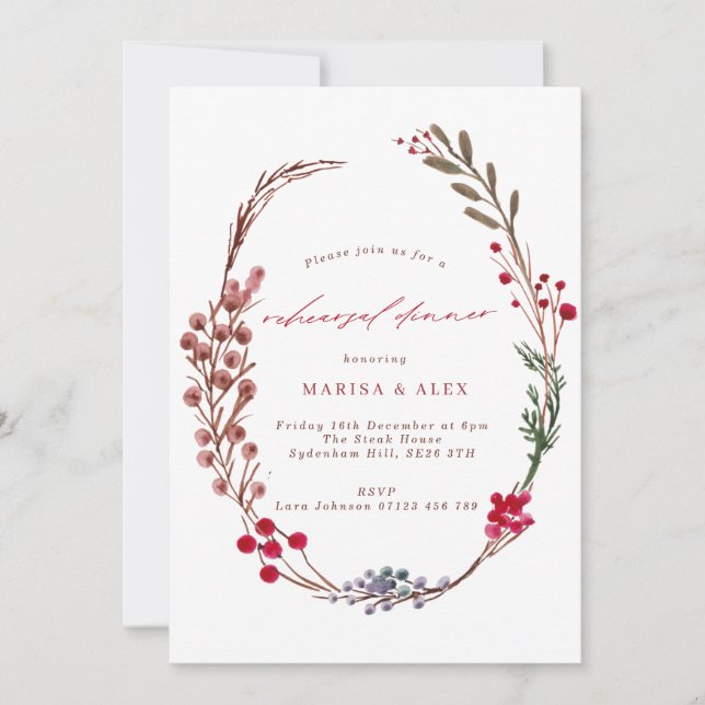Rustic Winter Berries Christmas Rehearsal Dinner Invitation (Front)