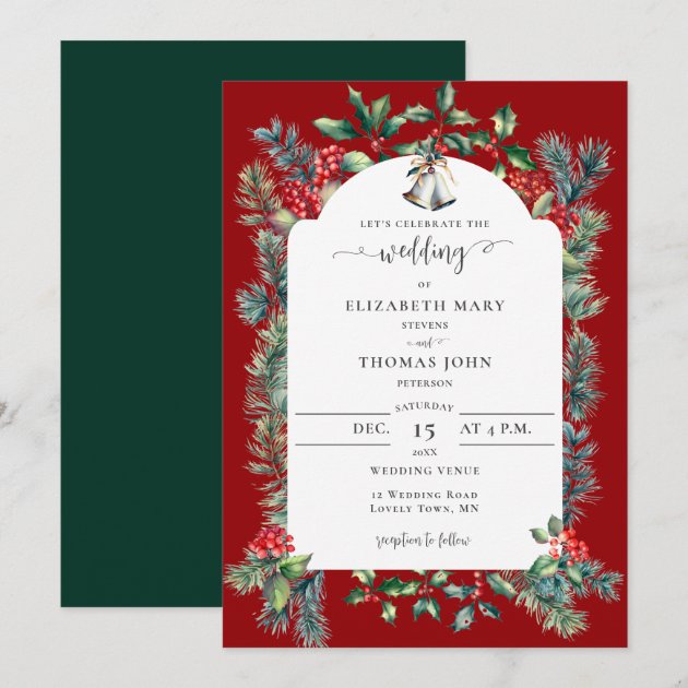 Rustic winter wedding invitation with pine branches, red berries and Christmas wedding bells on a wood board background