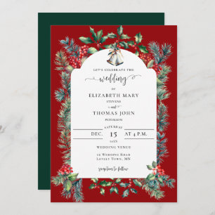 Rustic Winter Berries Frame Green Red Wedding Invitation