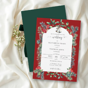 Rustic Winter Berries Frame Green Red Wedding Invitation