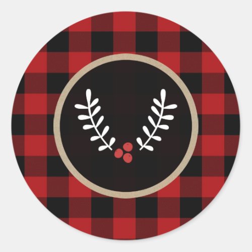 Rustic Winter Berries Holiday Red Buffalo Plaid Classic Round Sticker