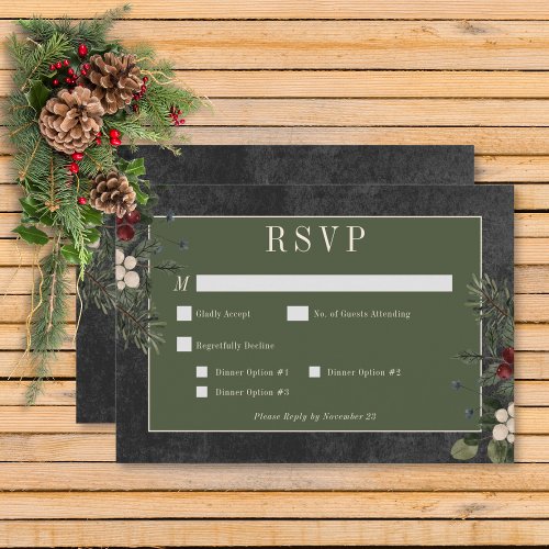 Rustic Winter Berries  Pine Black Dinner RSVP Card