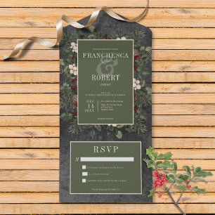 Rustic Winter Berries & Pine Black No Dinner All In One Invitation