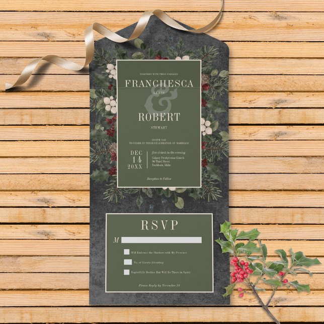 Rustic Winter Berries & Pine Black No Dinner All In One Invitation (Also available with a QR code or with dinner selection options.)