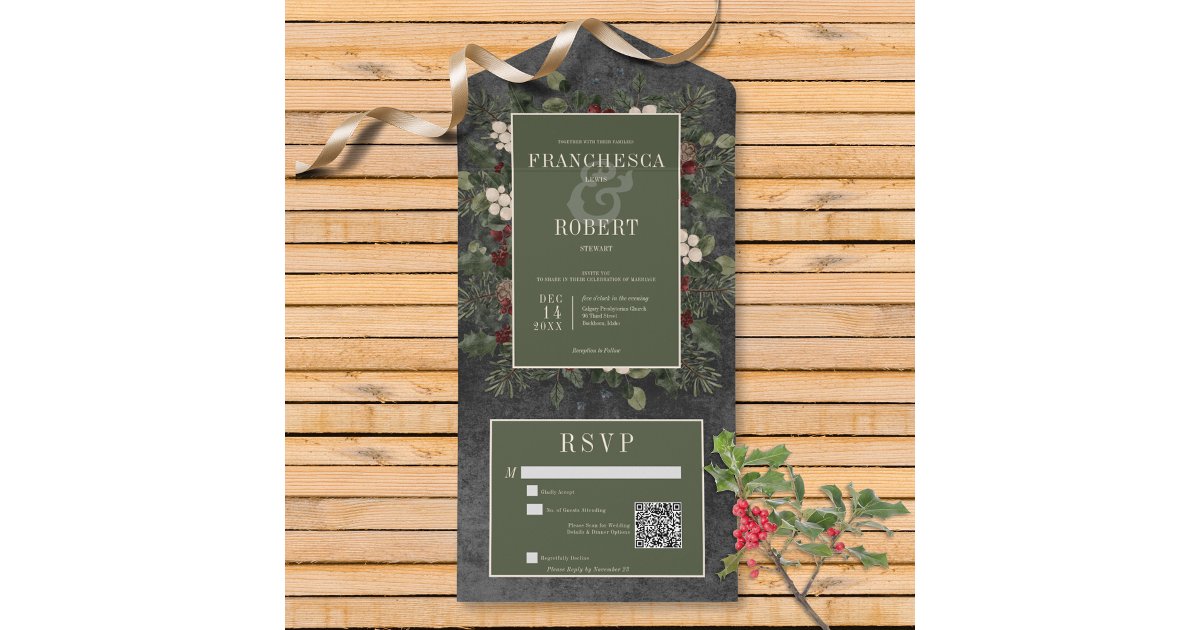 Rustic Winter Berries & Pine Black QR Code All In One Invitation | Zazzle