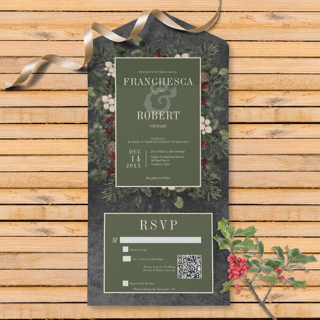 Rustic Winter Berries & Pine Black QR Code All In One Invitation (Also available without a QR code; with or without dinner selection options.)