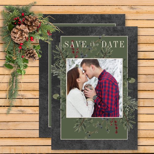 Rustic Winter Berries  Pine Black Save The Date